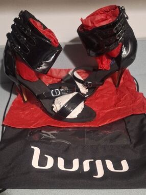 Burju Black Patent Leather Strappy Ankle-Heel.Dance  street sole with carry bag